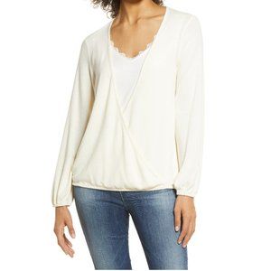 NWT Women's Bobeau Wrap Front Lace Trim Long Sleeve Hacci Top Size M $60 G199